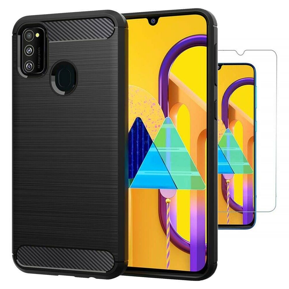 Samsung Galaxy M30s Case Carbon Fibre Cover & Glass Screen Protector