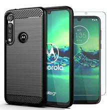Motorola Moto G8 Plus Case Carbon Fibre Cover & Glass Screen Protector