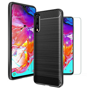 Samsung Galaxy A70 Case Carbon Fibre Cover & Glass Screen Protector