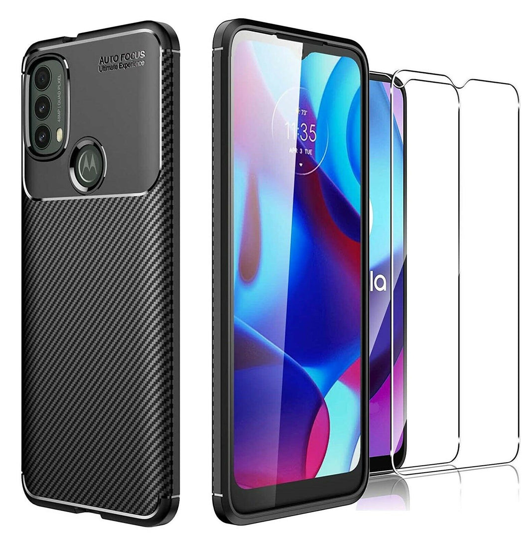 Motorola Moto E40 Case Carbon Slim Cover & Glass Screen Protector