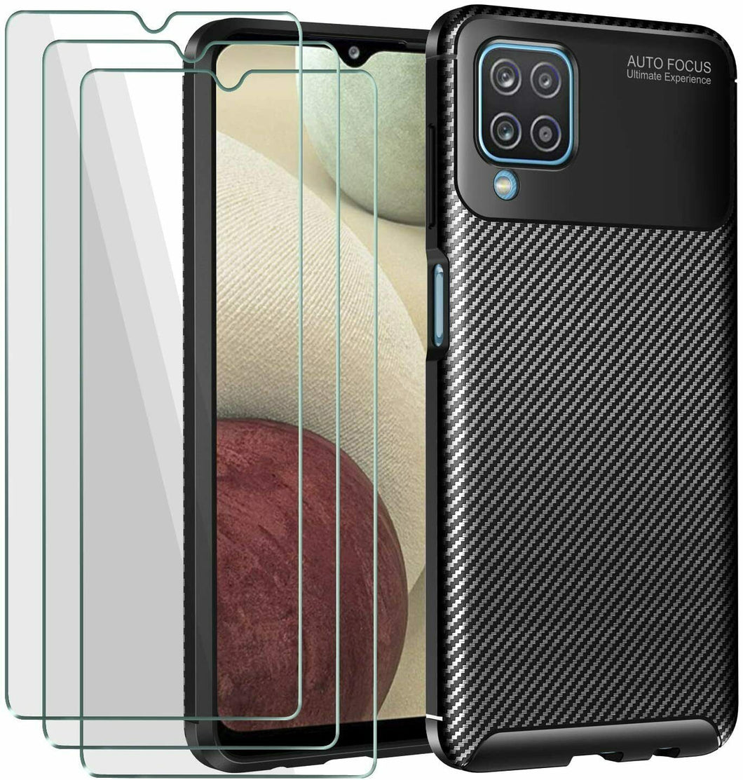 Samsung Galaxy M12 Case Carbon Slim Cover & Glass Screen Protector