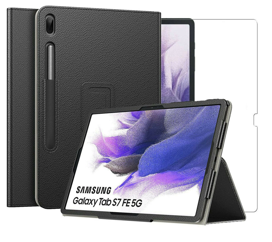 Samsung Galaxy Tab S7 FE Case Leather Folio Stand  & Glass Protector