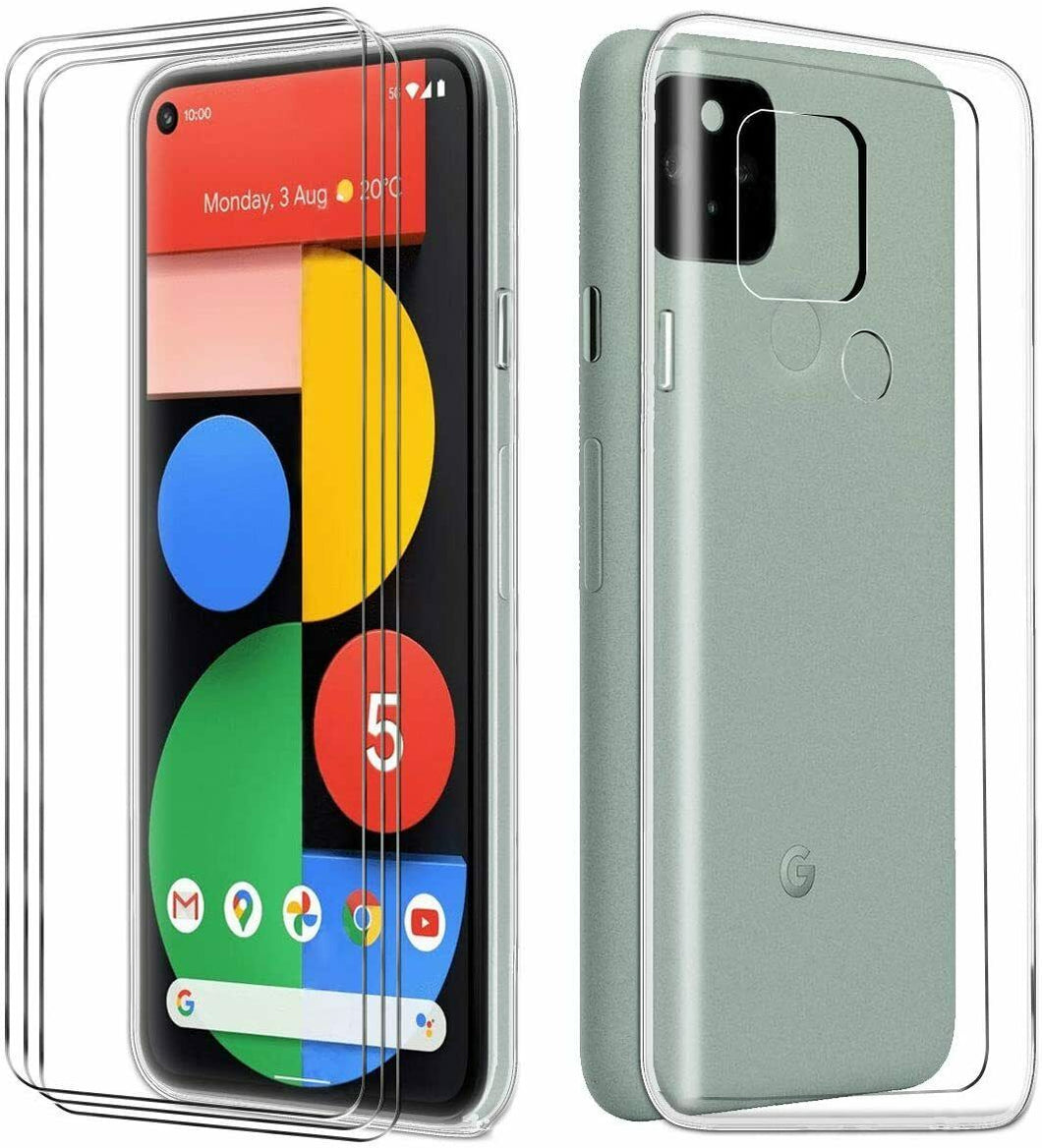 Google Pixel 5 Case Clear Slim Gel Cover & 2 Pack Glass Screen Protector