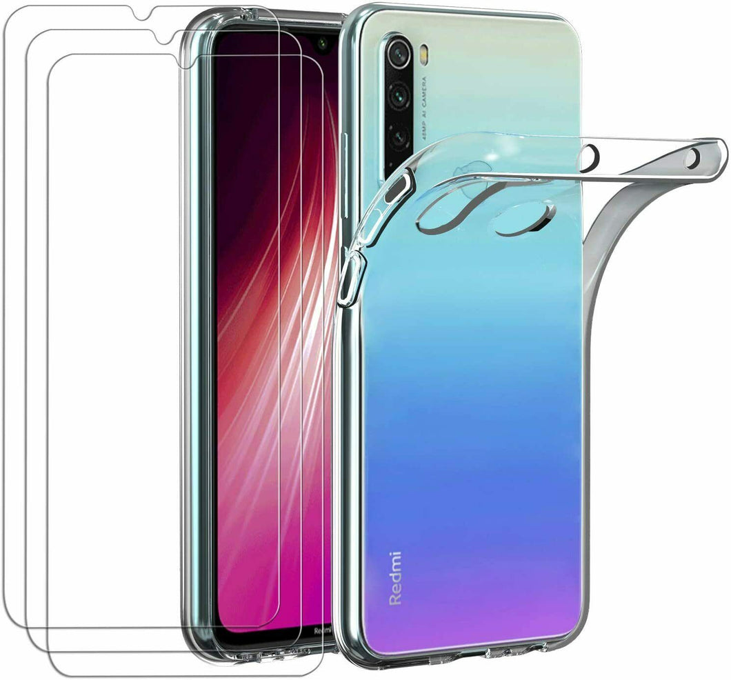 Xiaomi Redmi Note 8T Case Clear Gel Cover & 2 Pack Glass Screen Protector