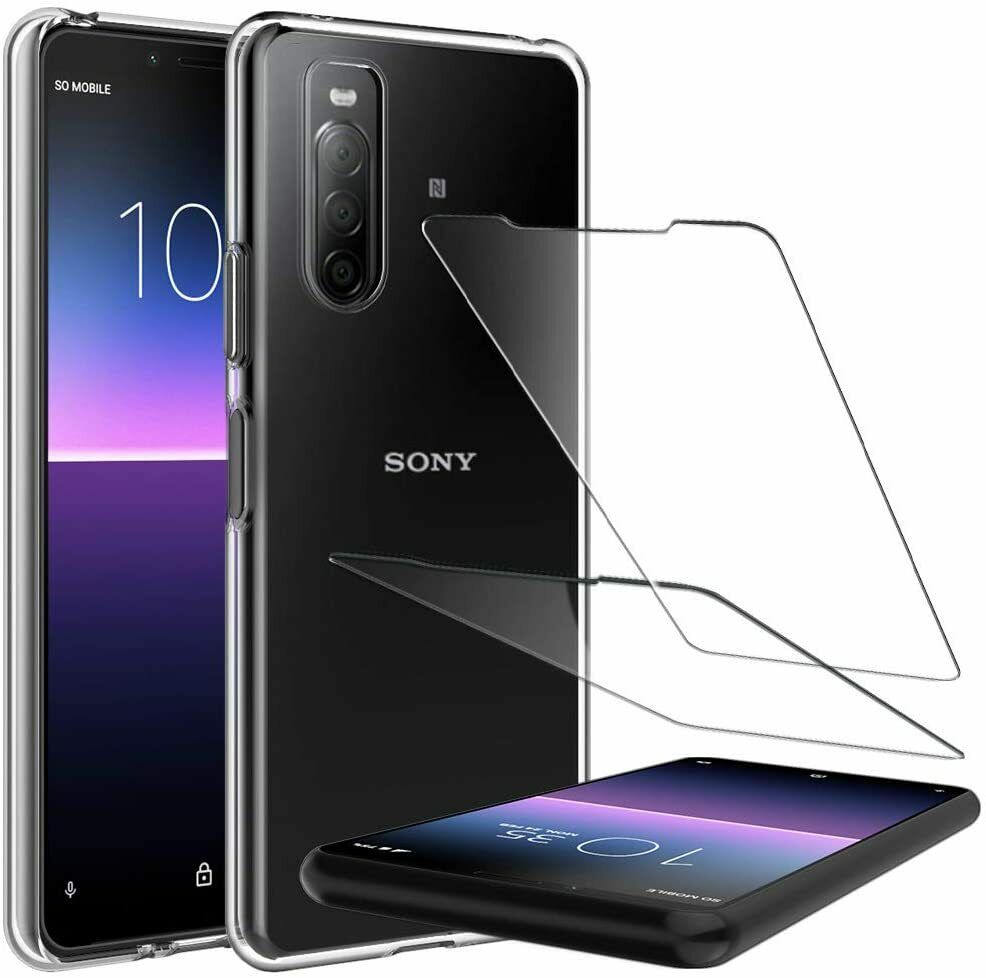 Sony Xperia 10 II Case Clear Slim Gel Cover & 2 Pack Glass Screen Protector