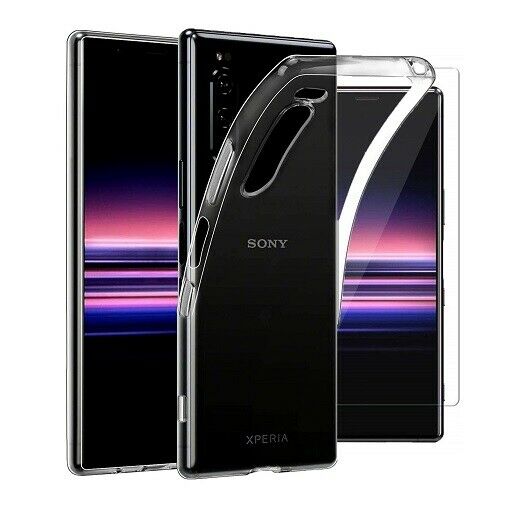 Sony Xperia 5 Case Clear Slim Gel Cover & 2 Pack Glass Screen Protector