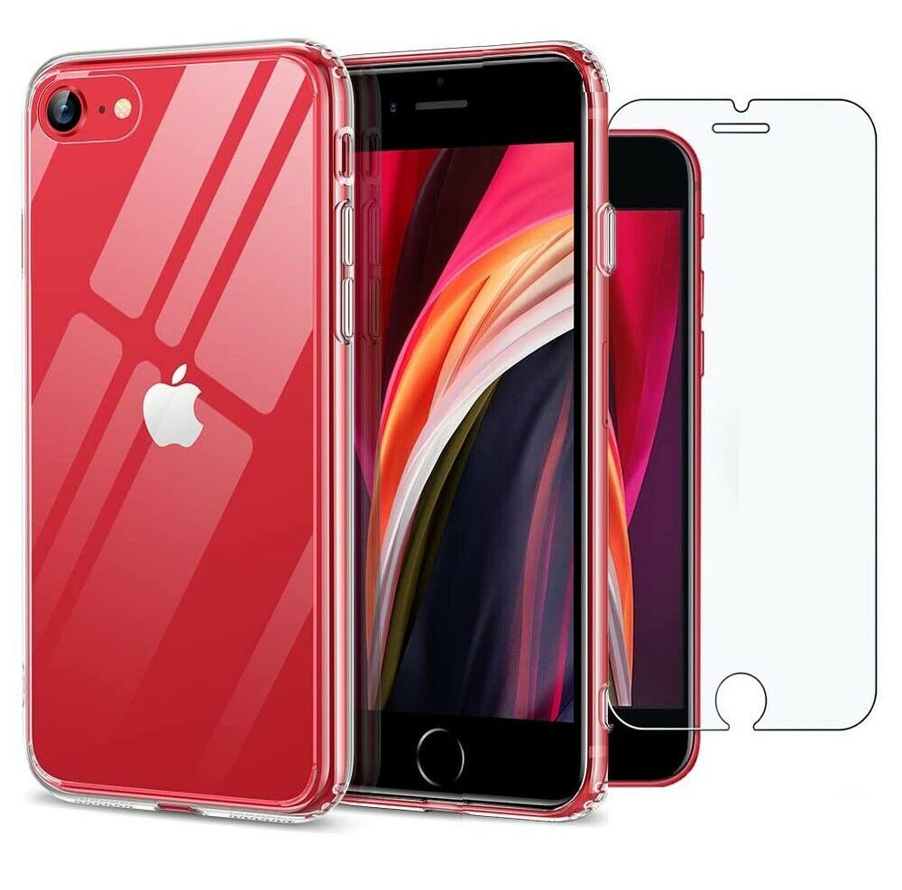 Apple iPhone SE (2020) Case Clear Slim Gel Cover & Glass Screen Protector