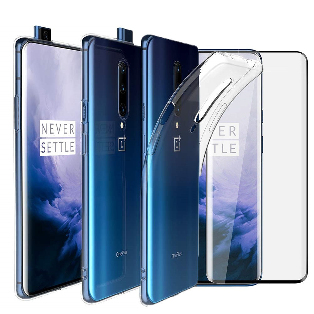 OnePlus 7 Pro Case Clear Gel Cover & Full Glass Screen Protector