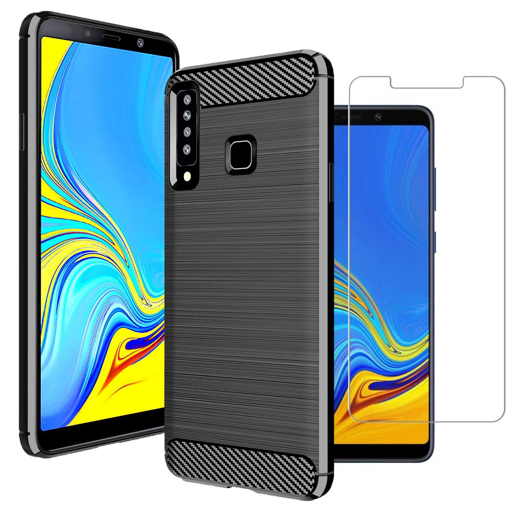 Samsung Galaxy A9 (2018) Case Carbon Fibre Black & Glass Screen Protector - YourGadget 