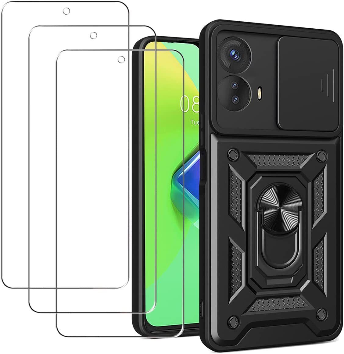 Motorola Moto G73 5G Case Shockproof Ring Stand Phone Camera Lens Cover & Screen Protector