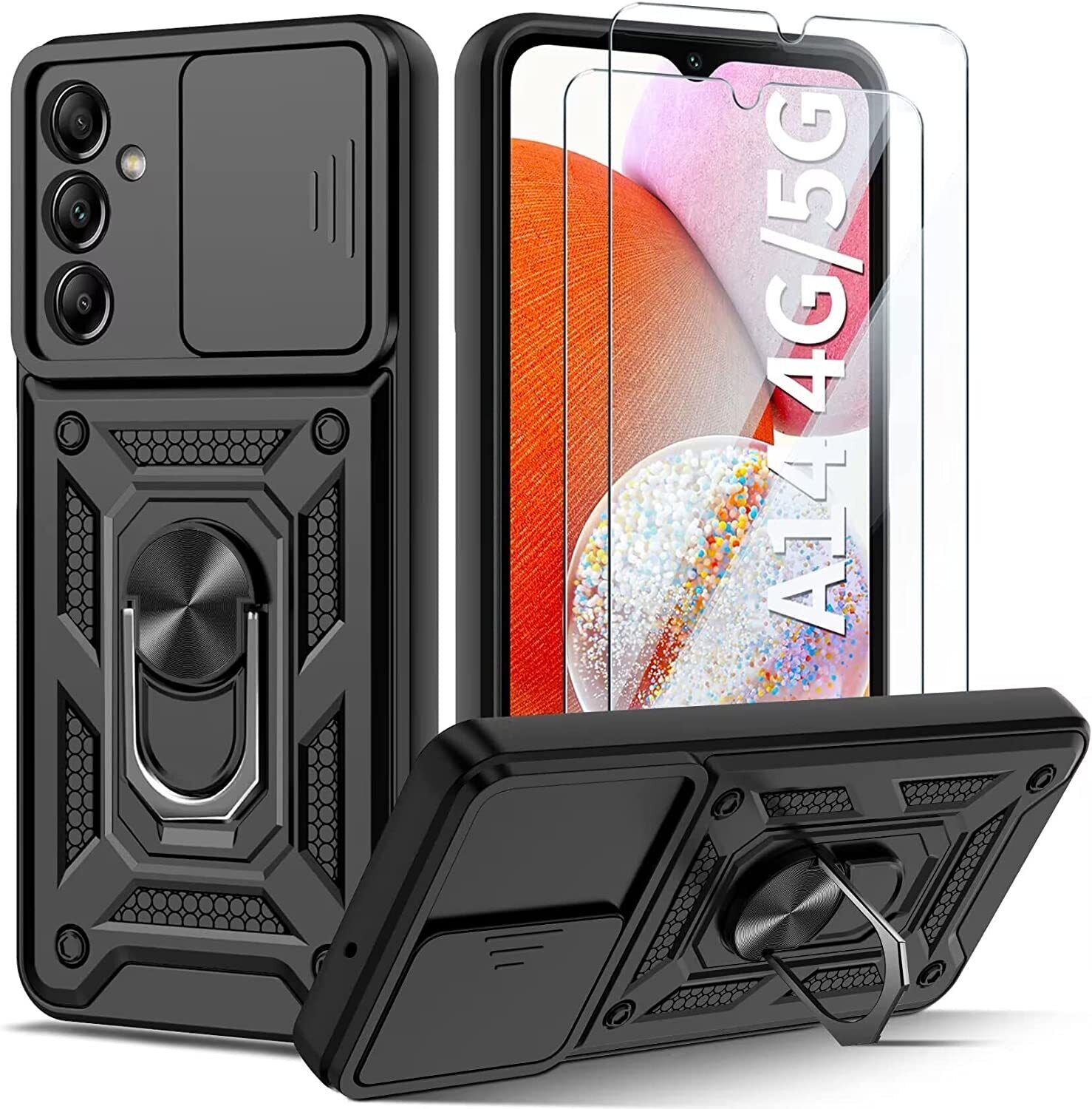Samsung Galaxy A14 Case Shockproof Ring Stand Phone Camera Lens Cover & Screen Protector